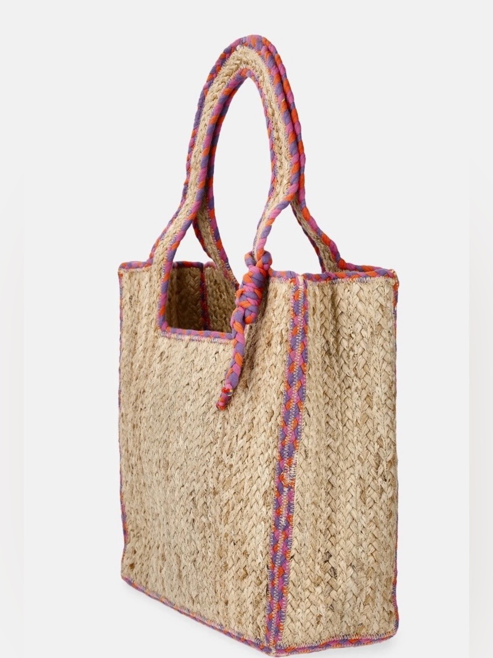 Woven Straw Tote Bag with Pink & Purple Trimi is NEW IS JUTE IS BIG